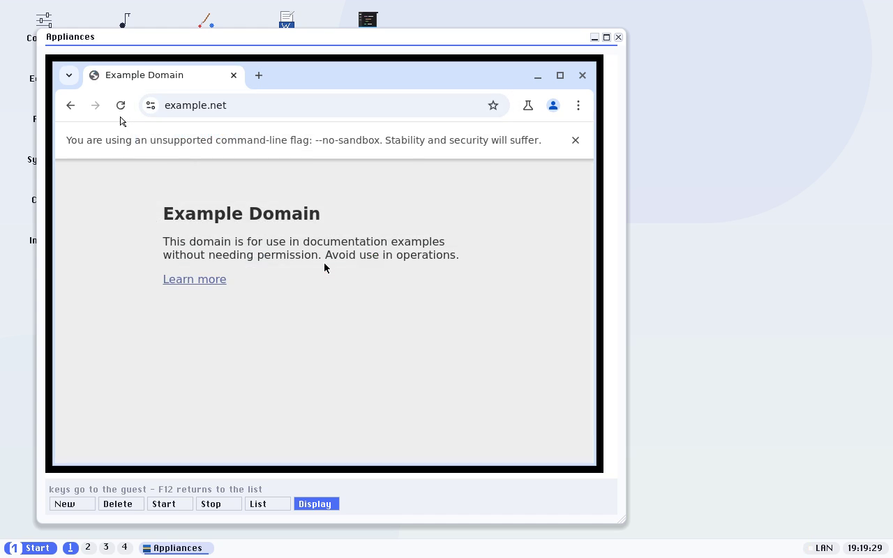 An address typed on the host - in UnoDOS, not in the guest - committed in Chromium's address bar, with the page fetched and rendered under it. The keystrokes crossed into the guest through an emulated PS/2 controller and arrived as ordinary key events; the page came off the internet over the guest's own network connection.