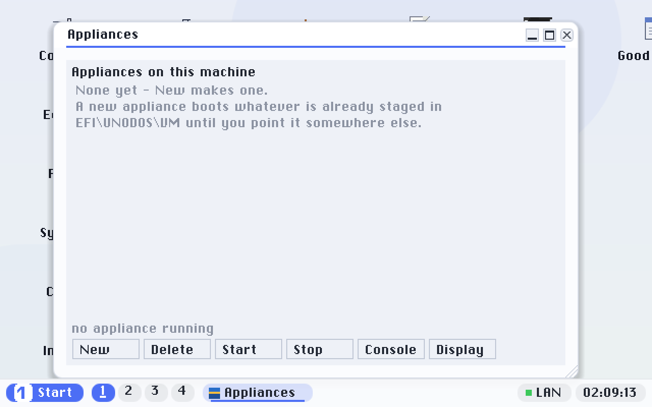 Appliances on a machine that has none yet: New makes one, and the line above the buttons is the status - here no appliance running, and on a machine that cannot host a guest at all, the reason why.