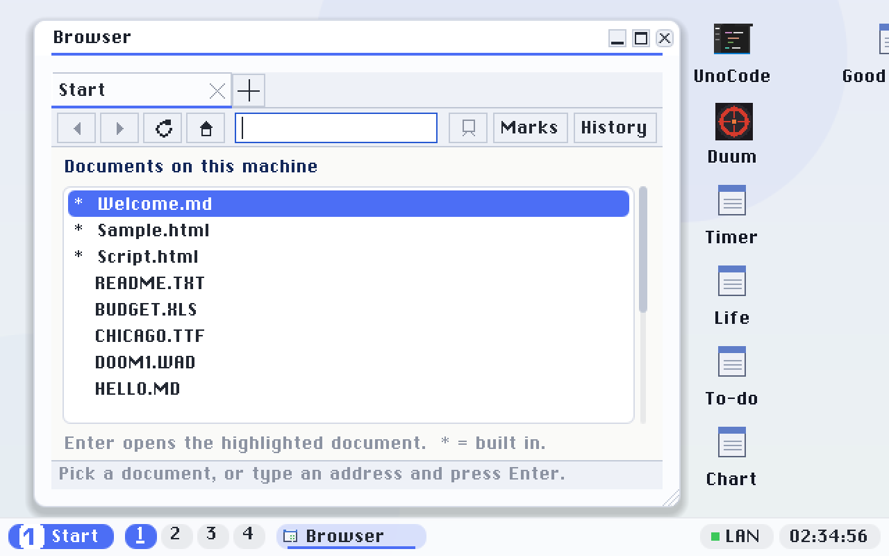 The start page: built-in documents and disk files in one scrolling list, under the tab strip and toolbar.