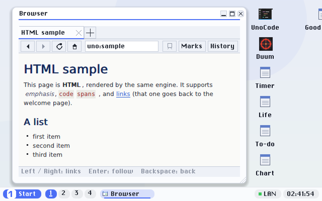 An HTML page: emphasis, code, links, lists and preformatted text. Unknown tags are ignored.