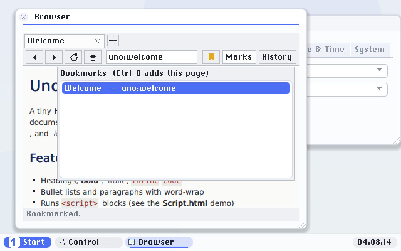 The Marks panel. The ribbon button on the toolbar turns gold on a page that is bookmarked.