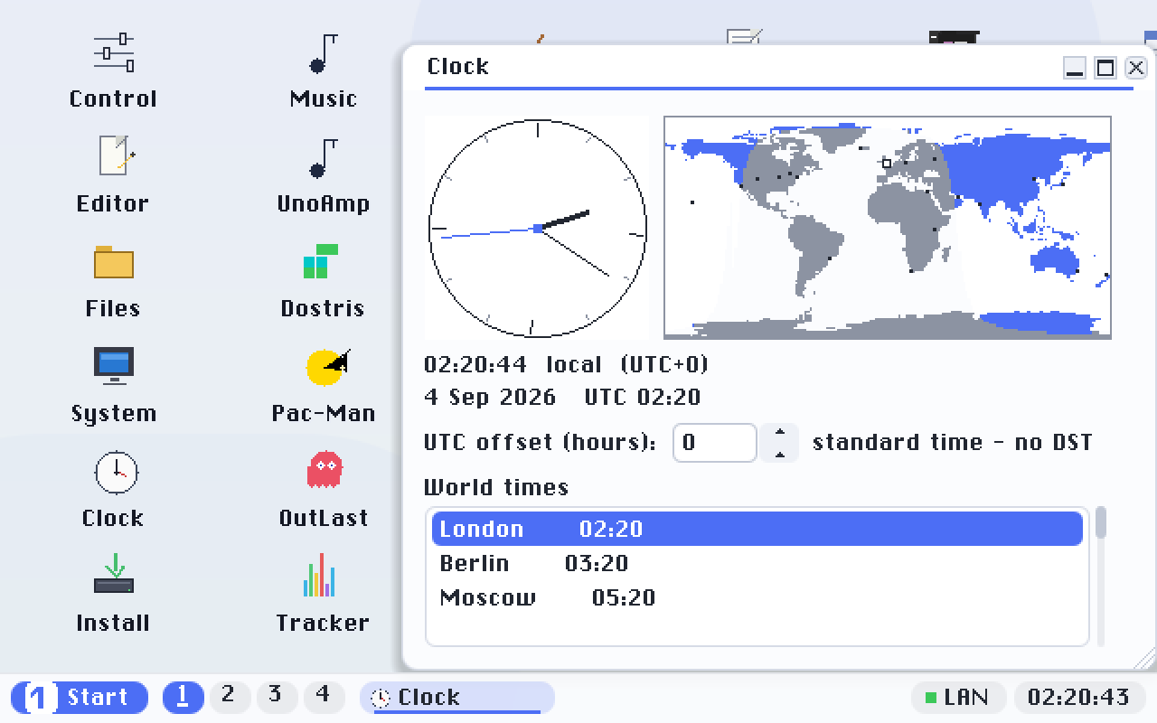 Clock: an analog face beside a world map showing the day/night terminator, with world times for twenty cities.