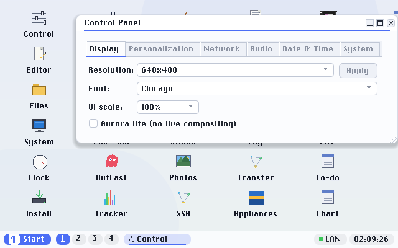 First desktop paint: the Control Panel opens over the Aurora Light desktop.