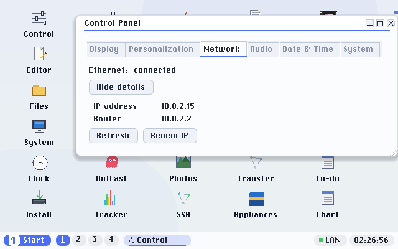 The Control Panel's Network tab on a wired machine, with Details open: the Ethernet line, then the addresses. The green LAN chip in the tray corner mirrors the same state.