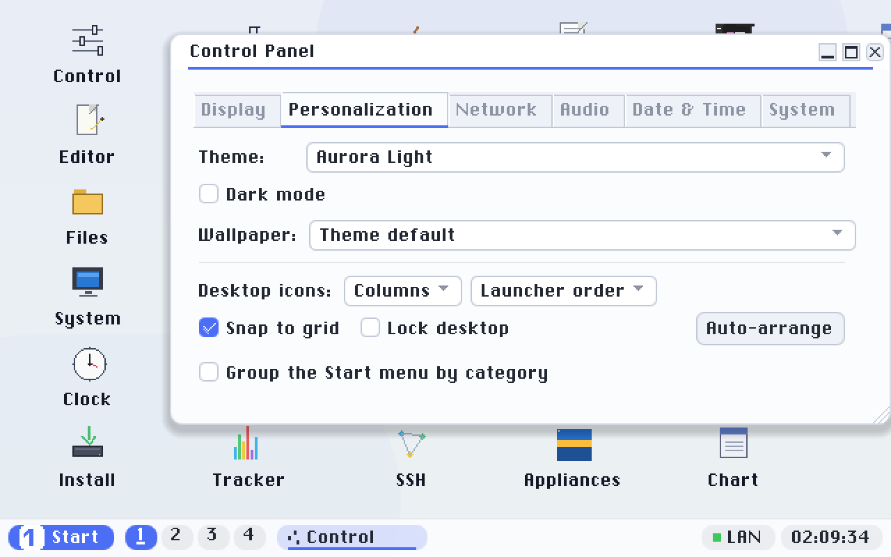 The Personalization tab: Theme, Dark mode, Wallpaper and the desktop-icon arrangement, over the Aurora wallpaper.