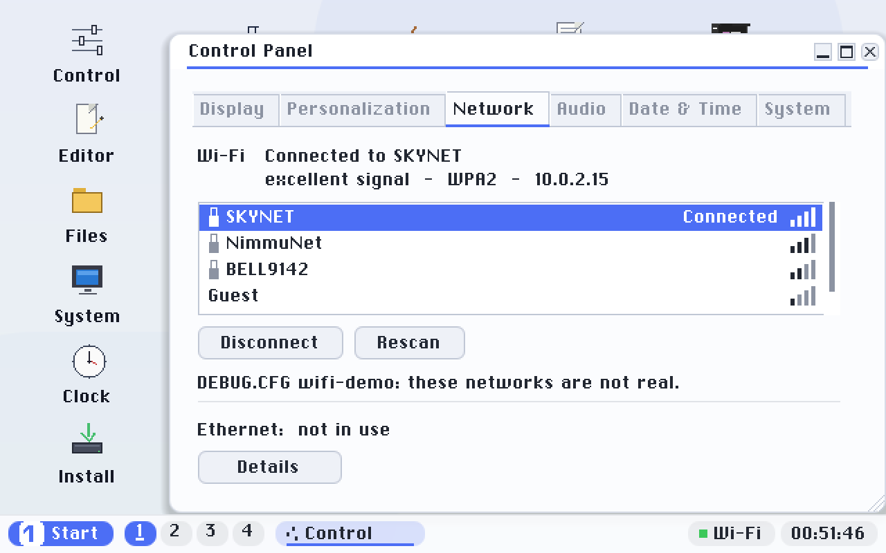 The same tab on a machine with Wi-Fi: the answer, the networks, the controls, then the wired line and Details. Captured in the emulator, which has no Wi-Fi card, with a debug switch that draws the pane and seeds example networks - the pane says so on screen. On a laptop the list is what the radio hears.