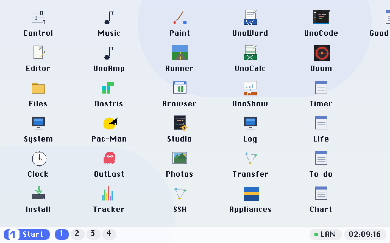 The pc64 desktop in the default Aurora Light theme. The Start button (bottom-left, the UnoDOS brand mark) opens the programs menu; a right-click anywhere on the desktop opens the same menu at the pointer. The rest of the taskbar is your open windows and the clock.