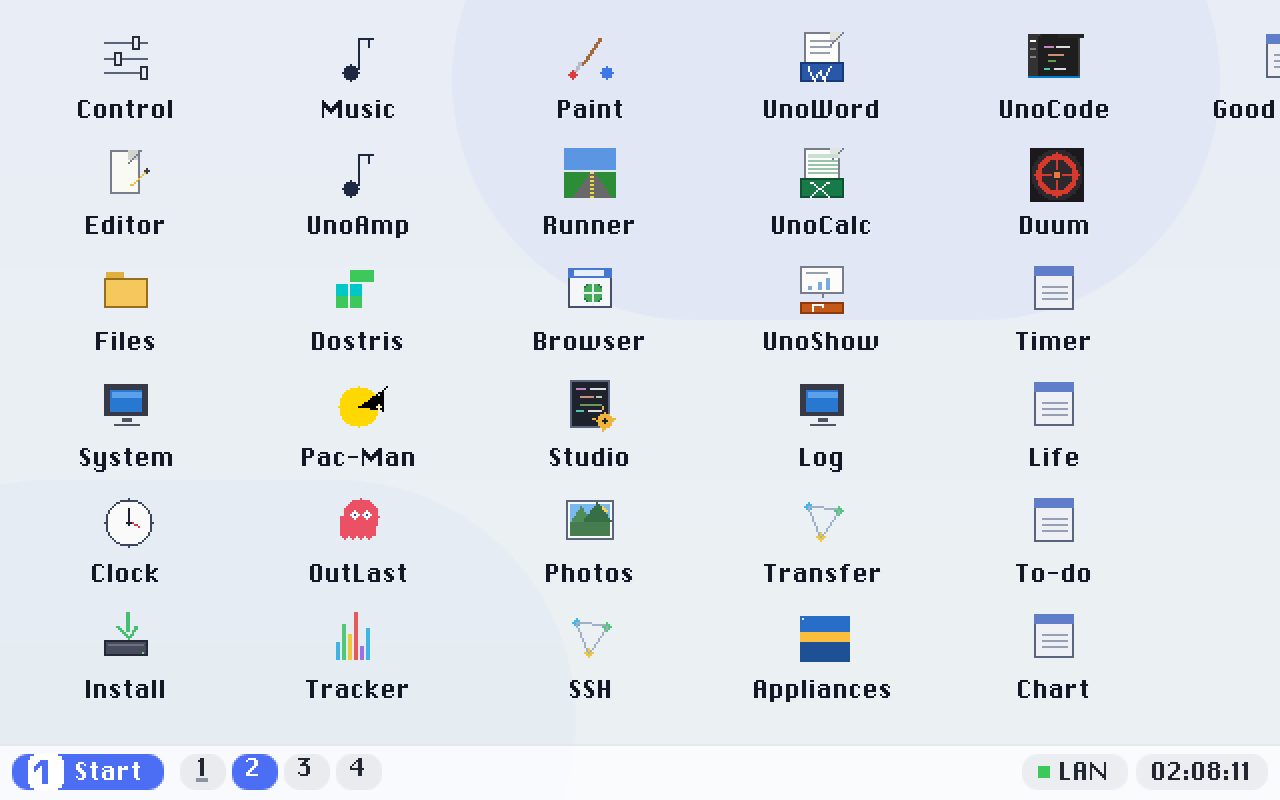 Desktop 2, empty, with the pager showing which desktop is current and which others are occupied. The wallpaper, icons and taskbar are shared; only the windows move.