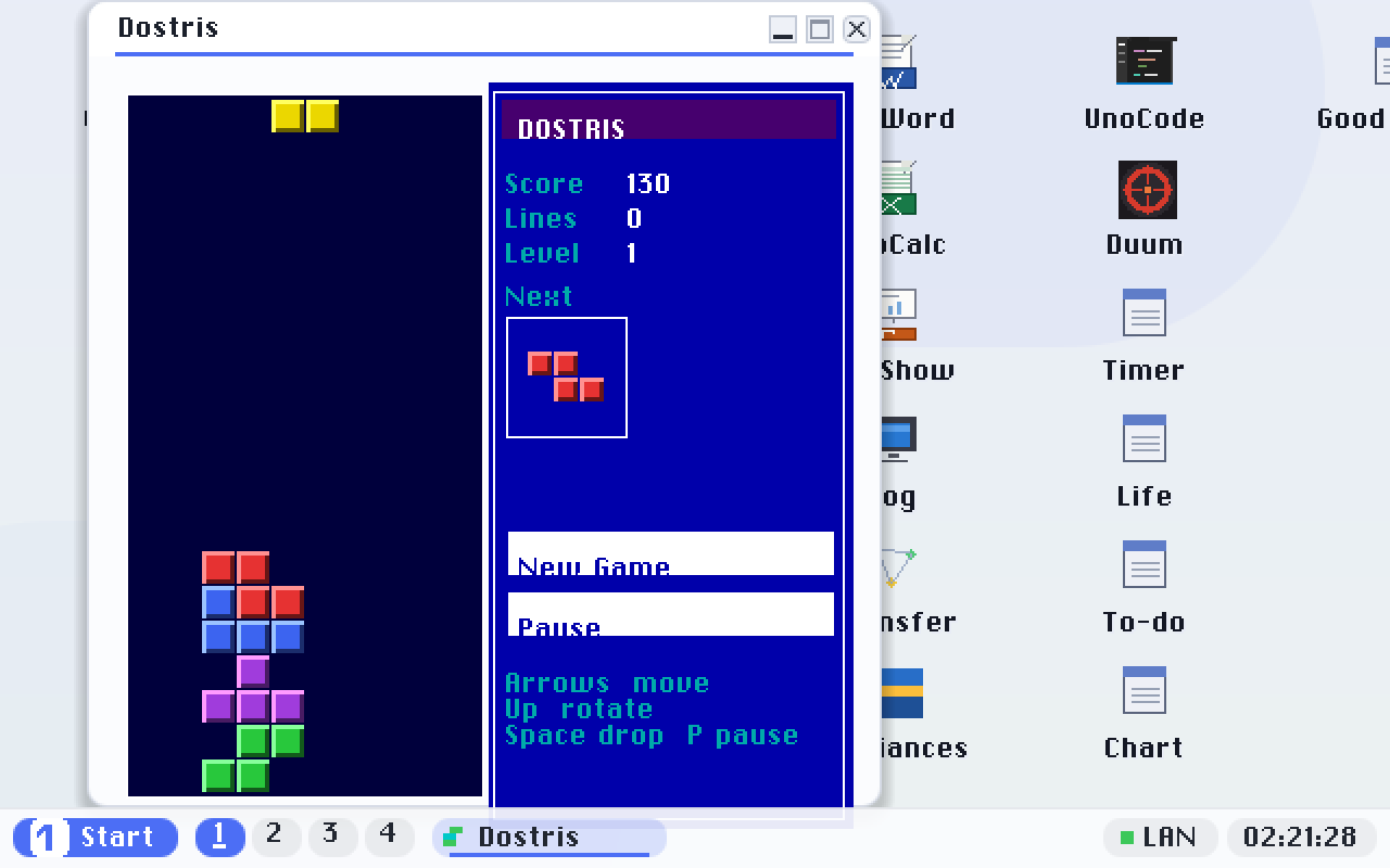 Dostris: the falling-block game, with score, lines and level. It plays Korobeiniki underneath and blips when you clear a line.