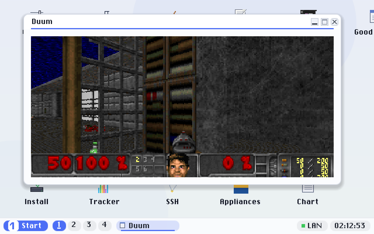 The same level after walking forward and turning - textured walls, floors and sky, all rendered by Python code running on the operating system's own runtime.