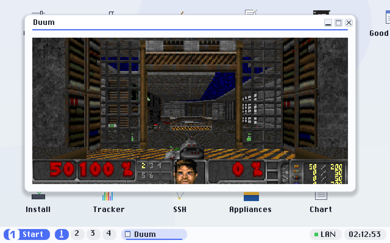 Duum a moment after it opens: the first room of E1M1, drawn from the game file, with the status bar built from the game's own artwork.