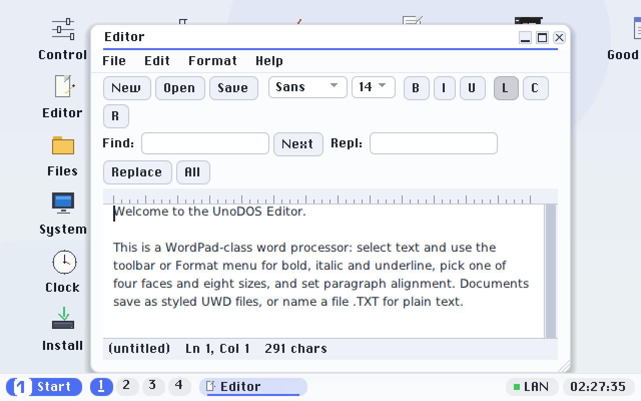 Editor: menu bar, toolbar (faces, sizes, B/I/U, alignment), ruler, word-wrapped document and status bar.