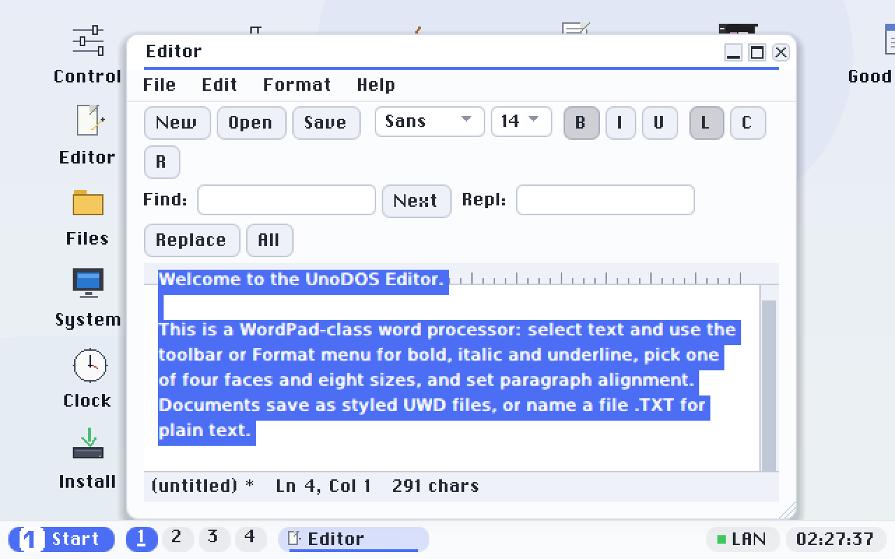 Rich text for real: the whole document selected and set bold from the keyboard.