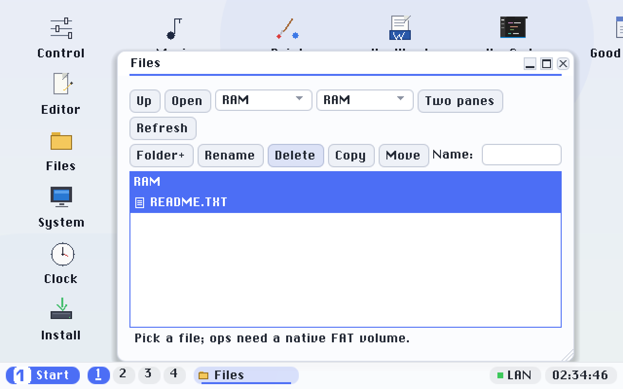 Files: volumes, folders and files with sizes, and a toolbar of real file operations.