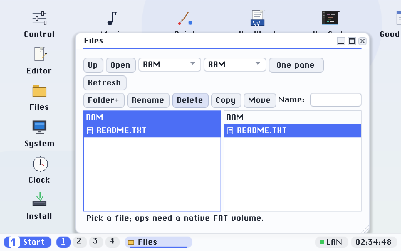 The two-pane layout: the active pane's header is highlighted; Copy/Move target the other pane.