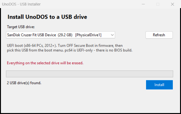 The flasher on Windows: choose your USB drive and click Install.