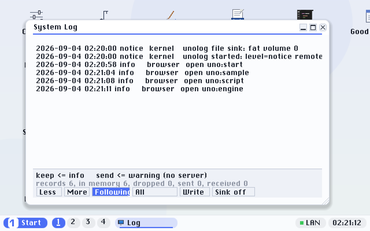 The System Log. Three entries the browser wrote while opening documents, above the line the log itself wrote at startup. The footer shows the current level and how many records exist.