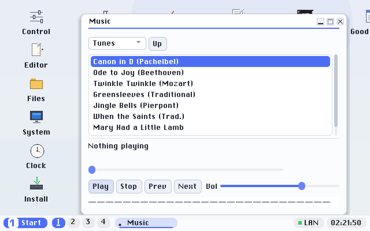 Music: plays WAV, MIDI and MP3 files from disk, plus the built-in tunes.