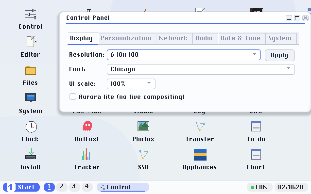 A smaller desktop mode scaled to fit the panel. Apply commits it; the countdown puts it back if you say nothing.