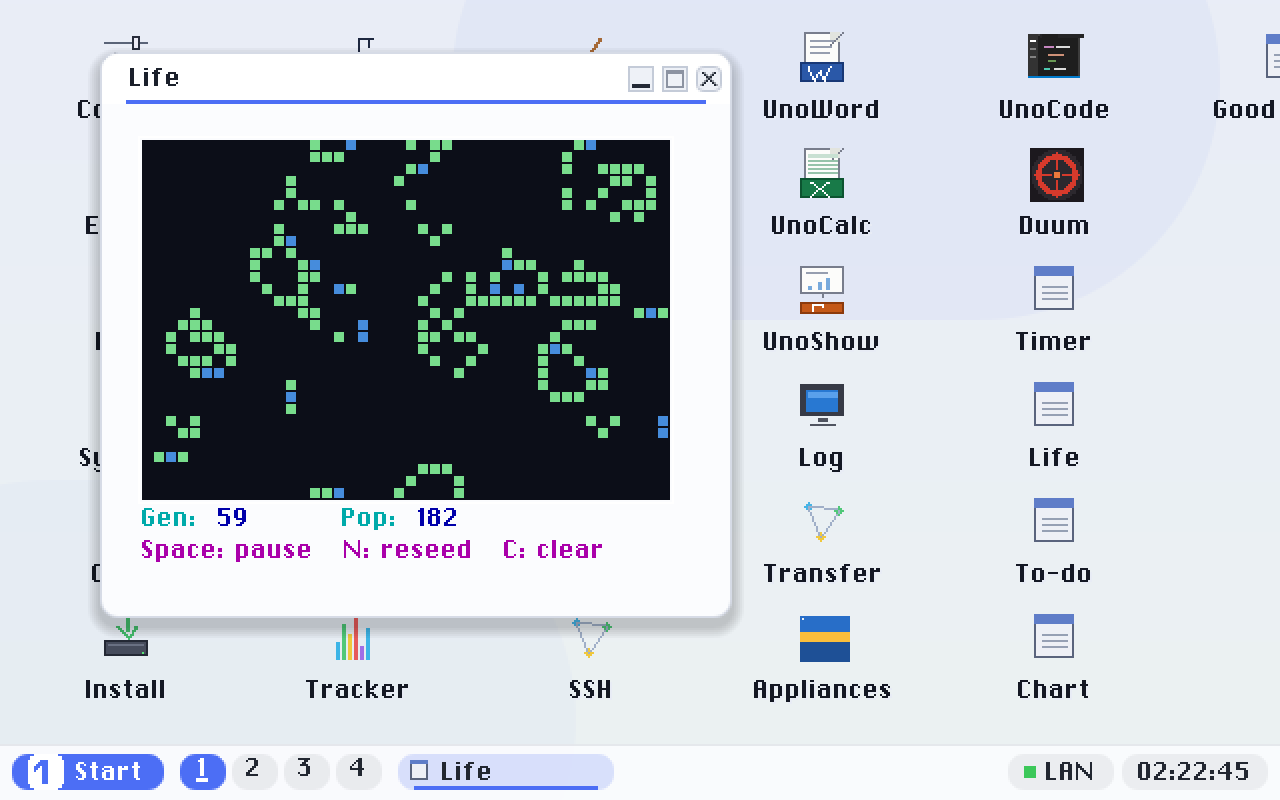 LIFE.C after a minute: 66 generations in, 209 cells alive. Cells that have survived a while cool from green to blue.