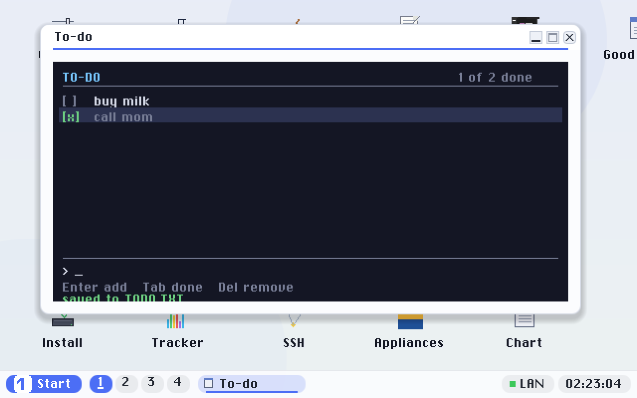 TODO.PY with two tasks typed in and one checked off - and the green line confirming the list reached the disk.