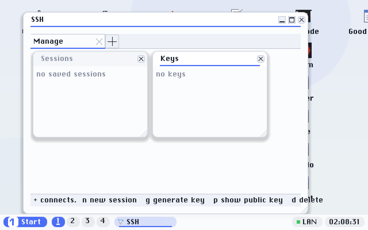 The SSH client on first run. The Manage tab holds two panes - your saved connections and your keys - and the + button beside the tabs opens a connection to whichever session is selected. Each connection gets its own tab.