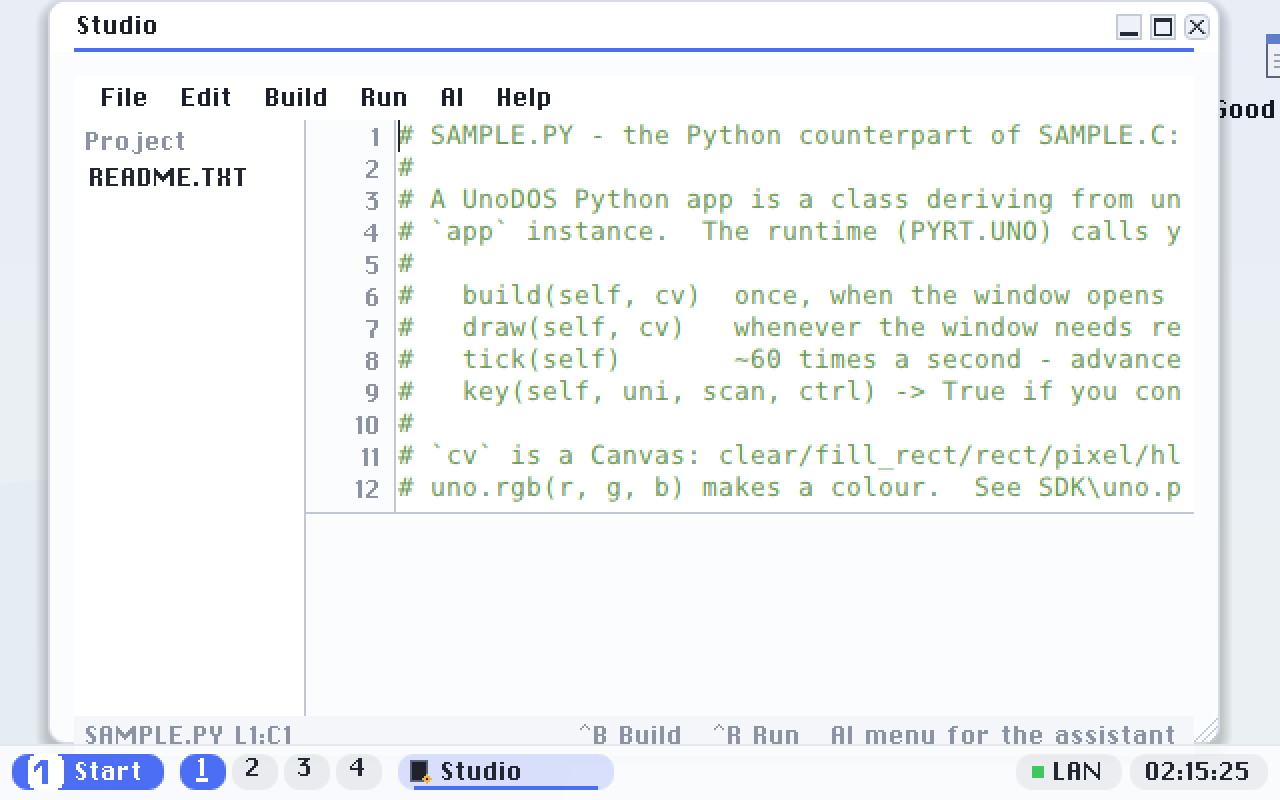 Studio: the built-in IDE - a syntax-highlighting editor, a project list, and a compiler that turns your code into a runnable app right on the machine.