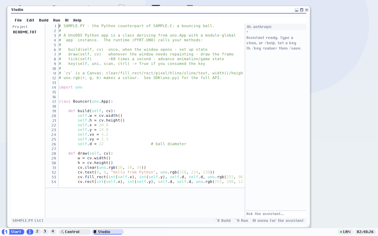 Studio on a larger desktop, with the assistant column on the right beside the editor and project list. The editor's colouring shows keywords, types and numbers each in their own colour.