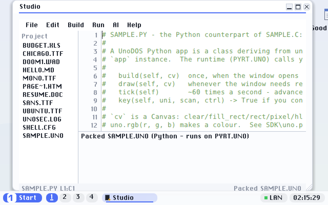 After Ctrl+B: the build-output pane reports the packed or compiled SAMPLE.UNO, and it joins the project list on the left.