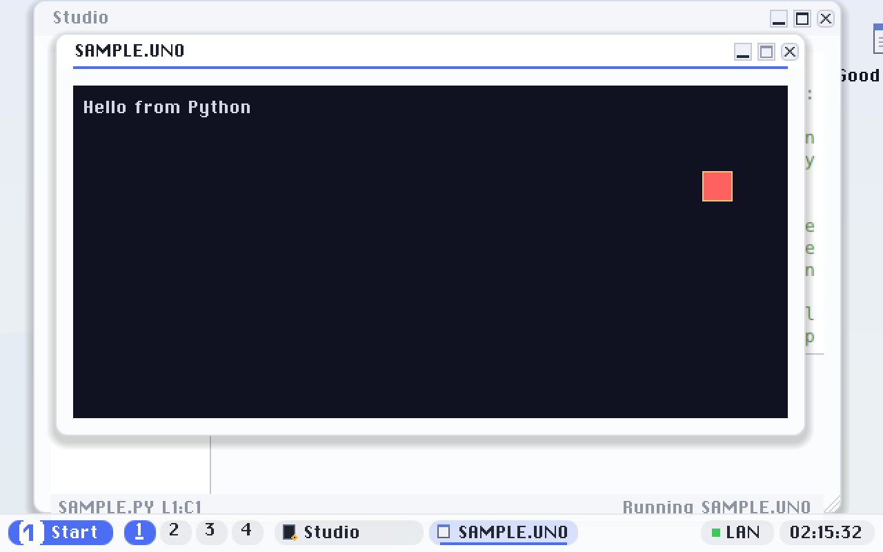 After Ctrl+R: SAMPLE.PY runs in its own window with its own taskbar button, drawing and moving a block, while Studio stays open behind it.