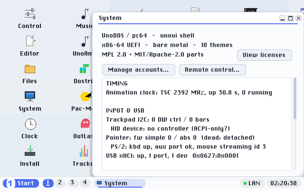 System: device information in one scrolling list, under headings - Timing, Input &amp; USB, Storage, Network, Power &amp; ACPI and Audio. Storage names the native driver that has taken over (DETACHED (native): ahci0 / nvme0 / emmc0), and Audio names the backend the sound reaches (HD Audio, AC'97, or the PC speaker). Scroll the list to reach the readouts below the fold.