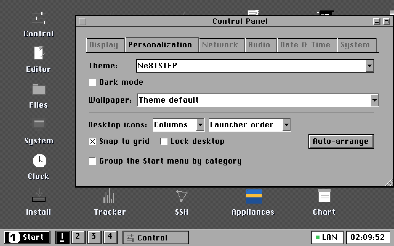 NeXTSTEP: greyscale, chiselled bezels.