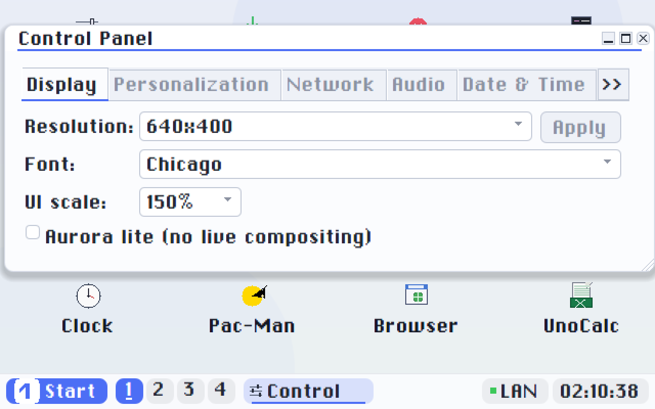 The desktop at 150% UI scale: same resolution, larger text and controls everywhere.