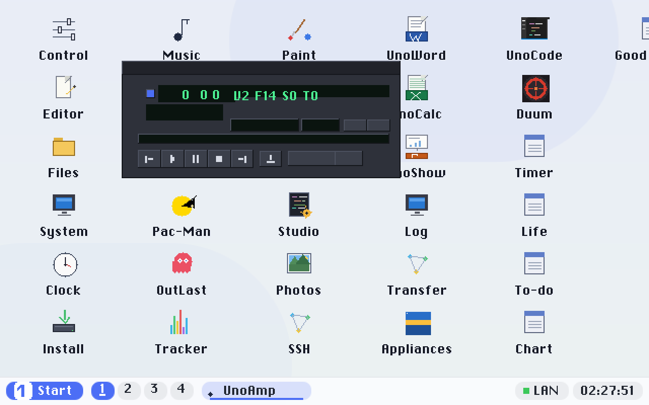 UnoAmp as it opens, in its built-in look: a dark chassis with lit displays for the time, the track title and the visualiser. Drop a real Winamp .wsz skin file on the machine and it will wear that instead.