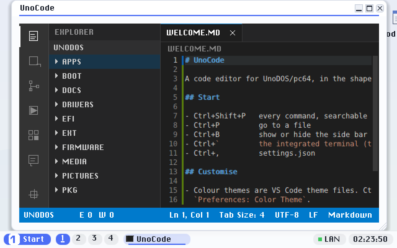 UnoCode the first time you open it. The strip of icons down the left is the activity bar; it switches the panel beside it between the folder tree, search, source control, run and extensions. The file itself is in the middle, with line numbers on the left and a shrunken map of the whole file on the right. The bar along the bottom tells you where the cursor is, what the file is and how it is saved.