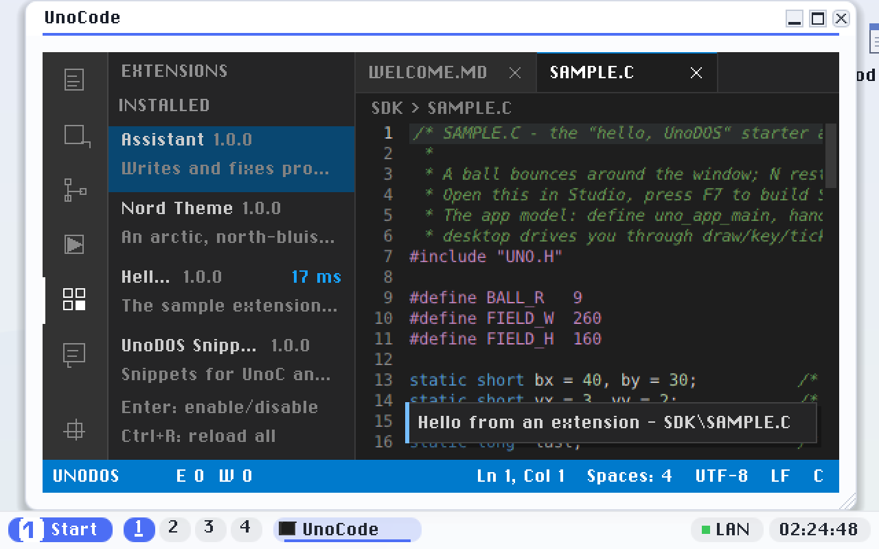 That extension's command, run from the palette. It was not loaded until the moment the command was chosen: the manifest declared it, so it was in the palette from startup, and choosing it read the file, ran it and called the handler it registered. The message on the right is the extension talking.