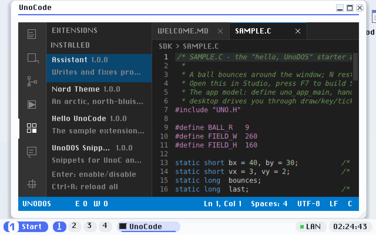 The Extensions view. Each row is one extension, with its name, version and description. Enter switches one on or off; Ctrl+R re-reads them all from disk.