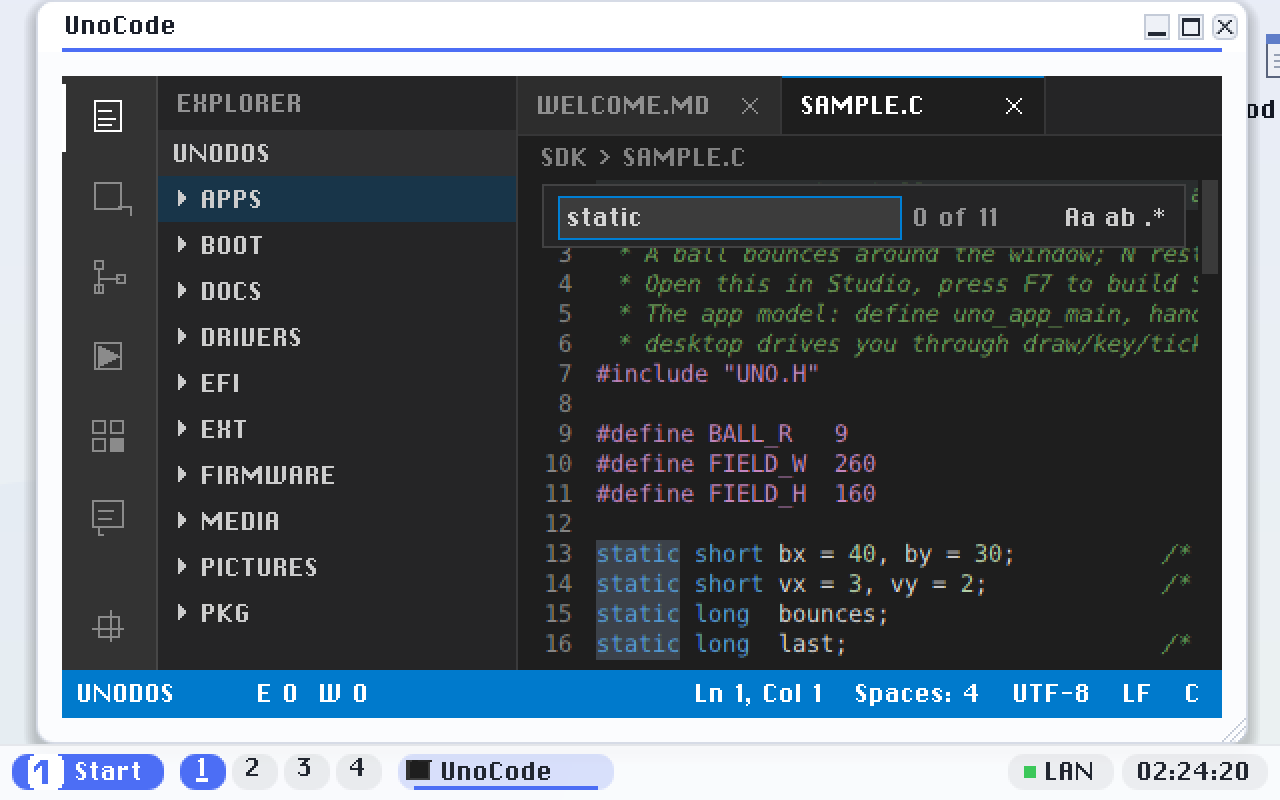Find, showing 0 of 11 matches and the case, whole-word and pattern toggles. Every match in the file is marked as you type, not just the next one.