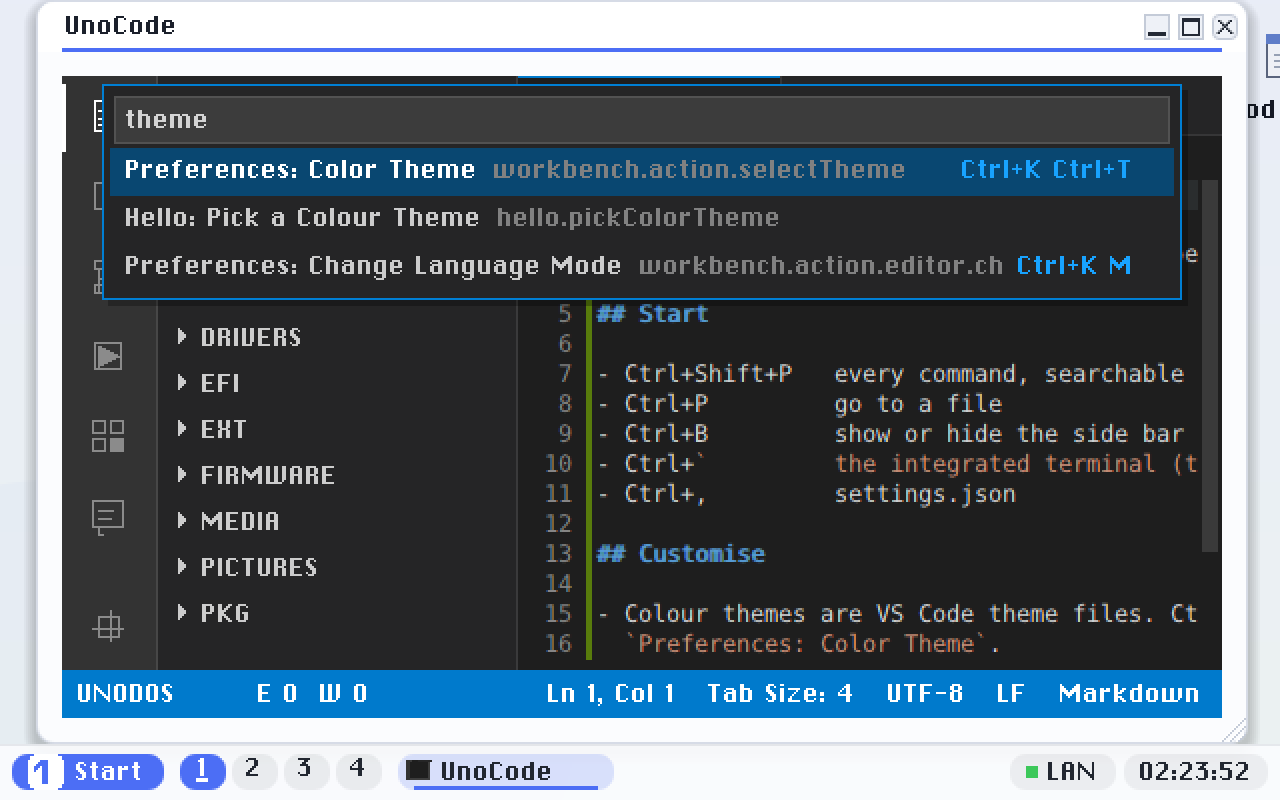 The command palette with theme typed into it. The grey text is the command's internal name and the right-hand column is its keyboard shortcut, which is how most people end up learning the shortcuts.