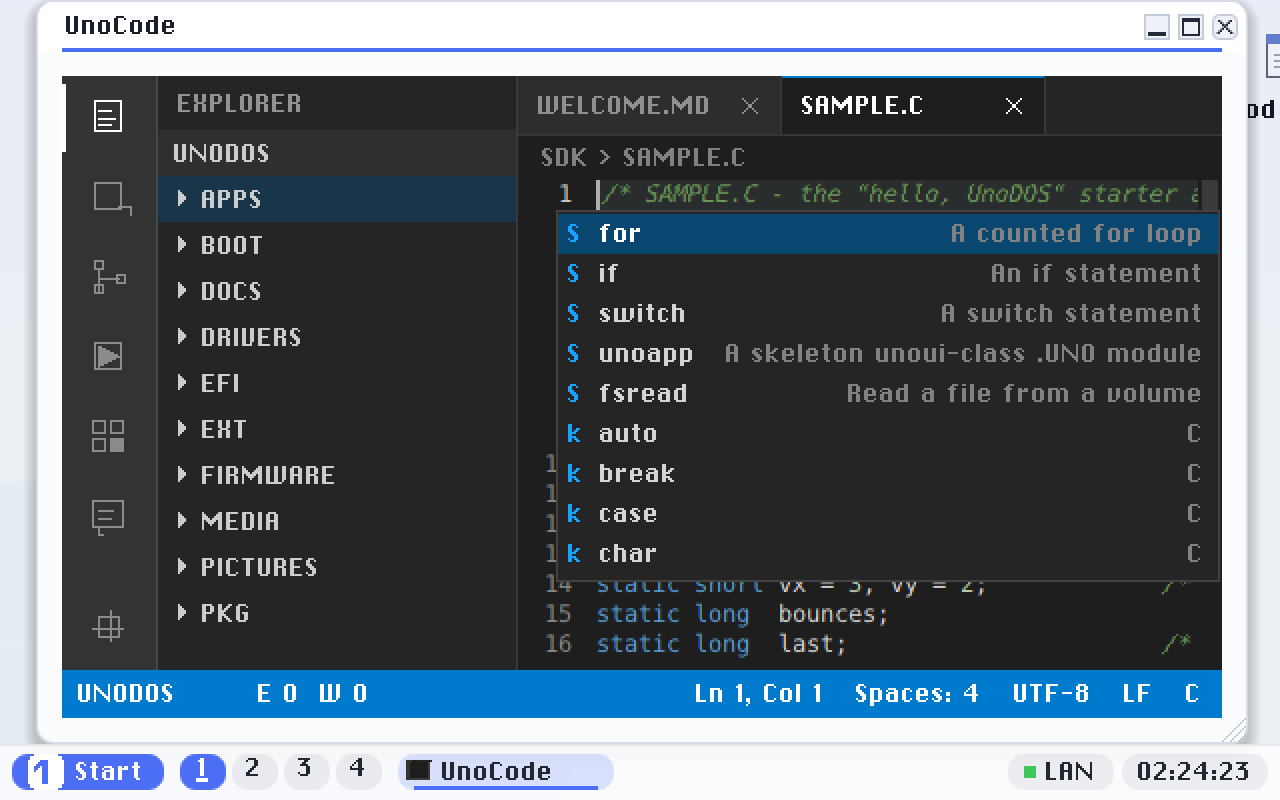 The suggestion list in a C file. The rows marked S are snippets contributed by an installed extension - unoapp expands to a skeleton app - and the rows marked k are the language's own keywords. Accept with Tab or Enter.