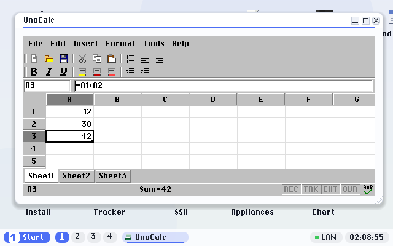 A3 holds =A1+A2: the cell shows 42, the formula bar shows the formula that produced it and the status bar totals the selection. Formulas are stored as formulas, so a saved workbook reopens with the formula intact, not just the number.