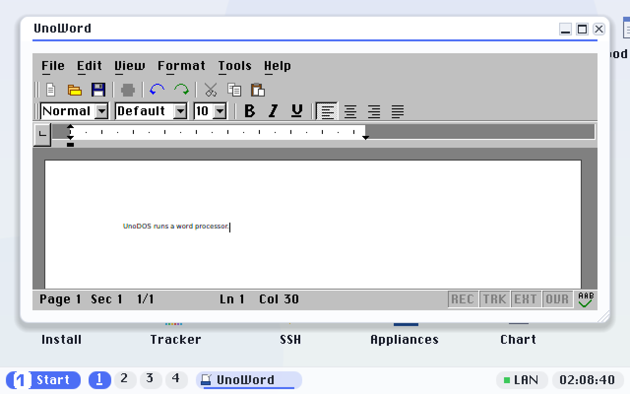 Typing straight onto the page. The status bar tracks the line and column as you go.