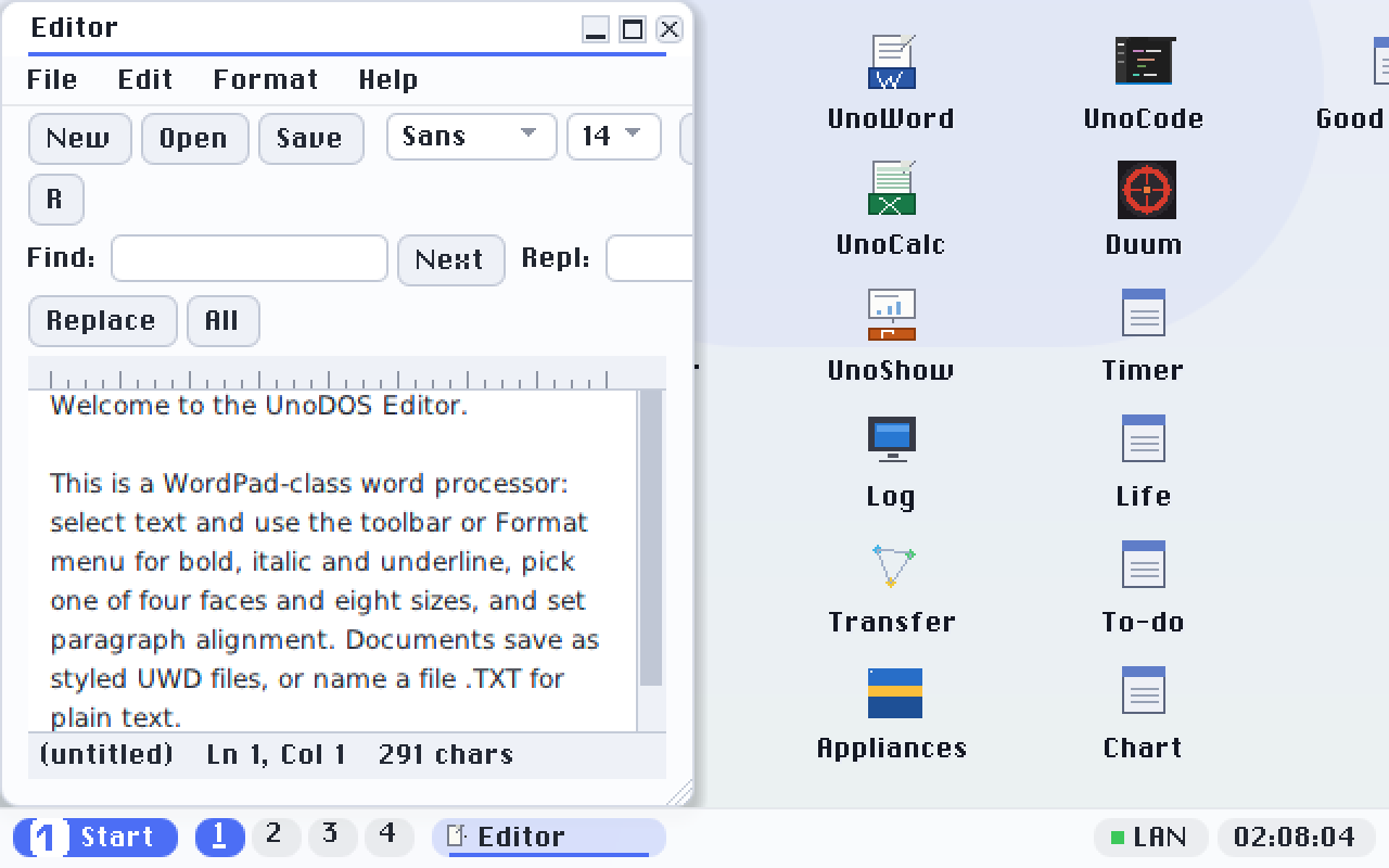 The Editor snapped to the left half of the screen. Keyboard users get the same result with Alt and an arrow key. The four numbered cells beside the Start button are the desktop pager.